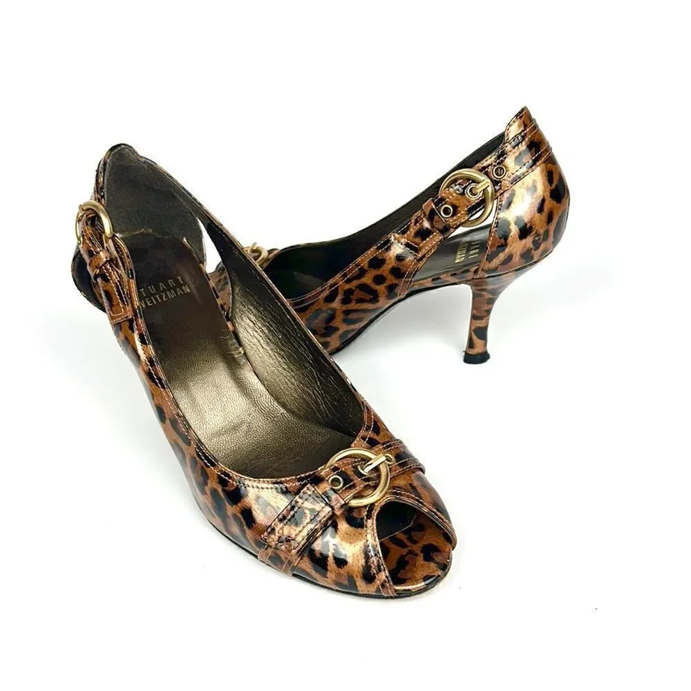 Stuart Weitzman Patent Leather Leopard Animal Print Peep Toe Pumps 6 1/2